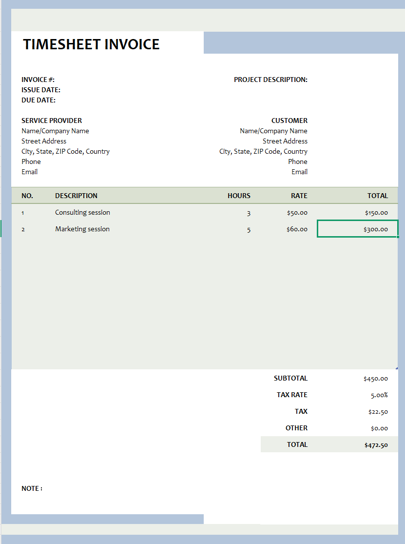 Simple olive green timesheet invoice ​Thumbnail​ 